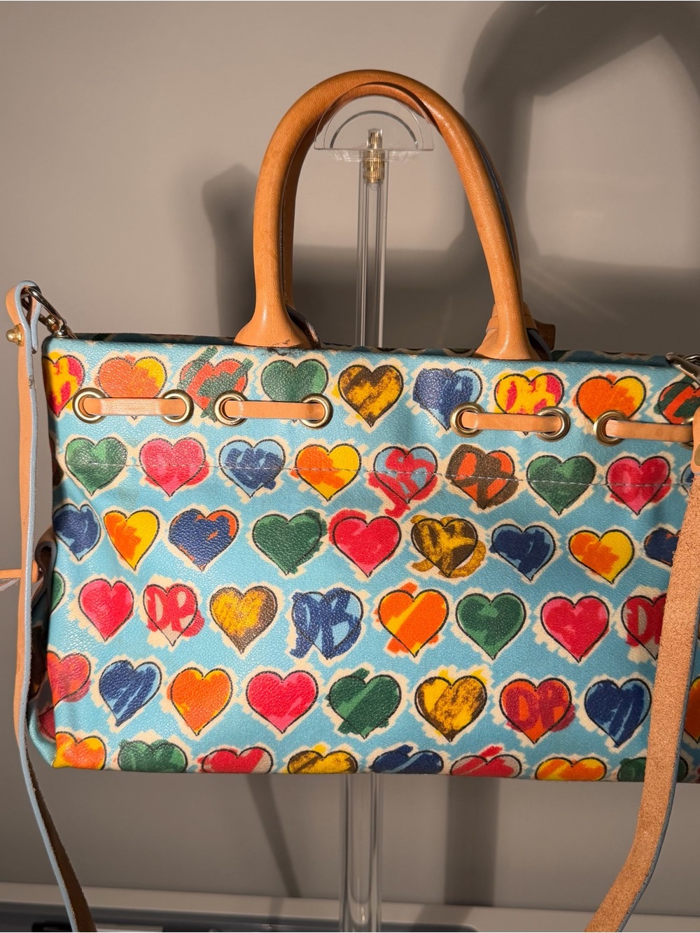 Y2K Dooney & Bourke Turquoise Multicolor Heart Print Leather-Trim Tote - Picture 2 of 8